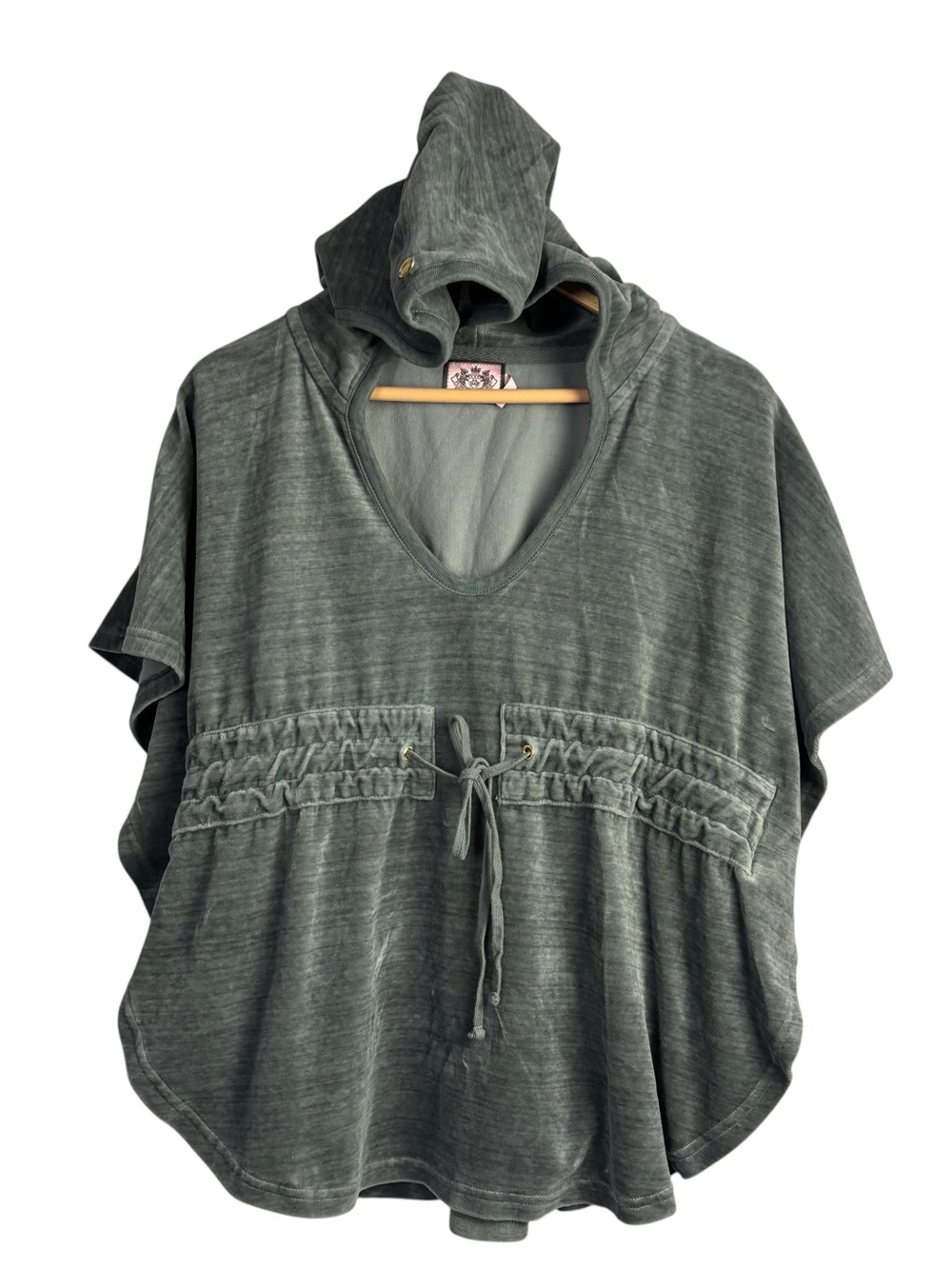 JUICY COUTURE Poncho Velour Top Hood Drawstring Stretch Smock Cape Gray Womens S